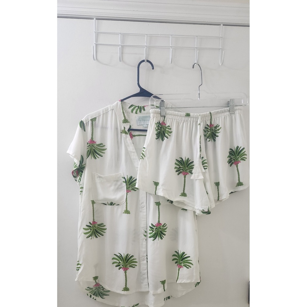 Piyama Palm Tree Pajama Set Womens Small White Rayon Button Top Shorts Tropical